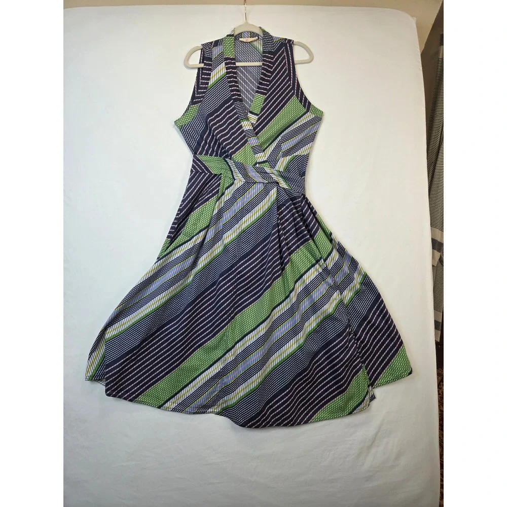 Tory Burch Size 14 Cotton Striped Wrap Midi Dress Belted Pockets